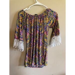 WinWin Paisley Print Off Shoulder Half Sleeve Lace Tunic Top Women Size S M